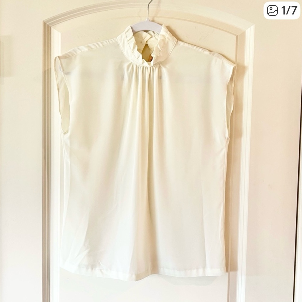 Vintage Cream Sheer Sleeveless Blouse High Neck Ruffle Pleated Coquette Fall
